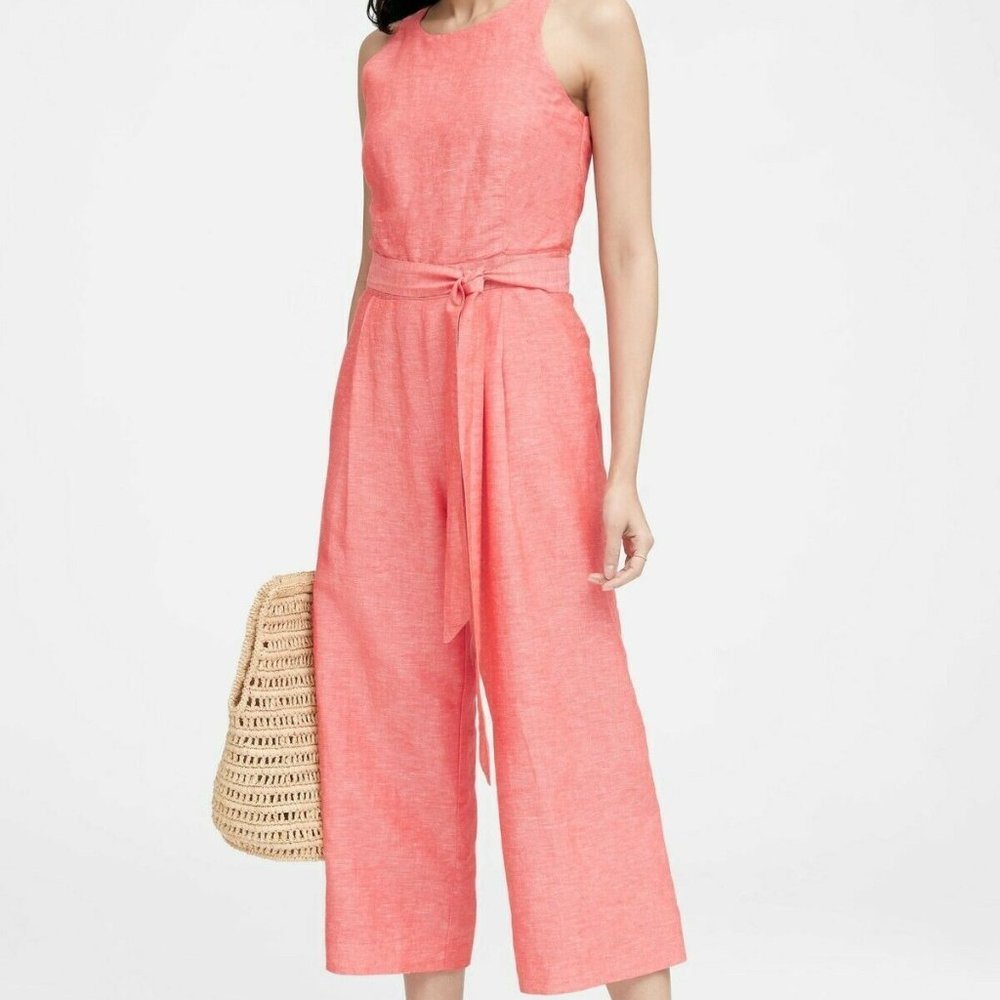 Banana Republic Linen-Cotton Cropped Jumpsuit, Coral Orange Size 4 H13717